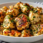 Very very realistic image click-worthy 8k resolution, well-centered shot, rule of thirds photography, high quality, no blur : Full recipe here: juicy garlic butter chicken bites plated on a white ceramic dish, golden seared chicken cubes coated in melted herb butter sauce, visible parsley, garlic and Italian seasoning, crisp caramelized edges, glistening buttery surface, clean white background with a striped cloth napkin for contrast, styled to look modern, --ar 4:5