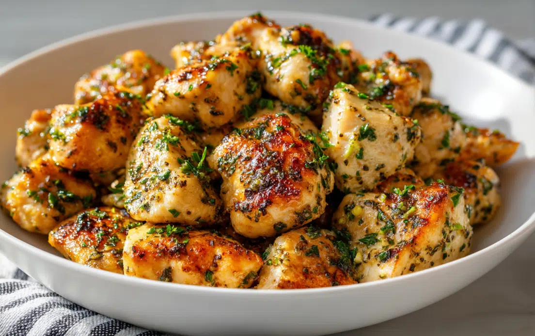Very very realistic image click-worthy 8k resolution, well-centered shot, rule of thirds photography, high quality, no blur : Full recipe here: juicy garlic butter chicken bites plated on a white ceramic dish, golden seared chicken cubes coated in melted herb butter sauce, visible parsley, garlic and Italian seasoning, crisp caramelized edges, glistening buttery surface, clean white background with a striped cloth napkin for contrast, styled to look modern, --ar 4:5